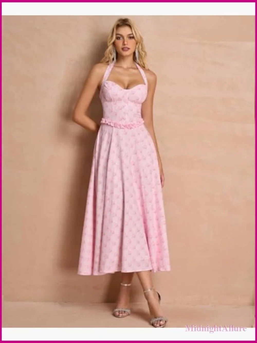 Floral Halter Corset Wrap Midi Dress A-Line Sweetheart Neckline Summer Tea Party